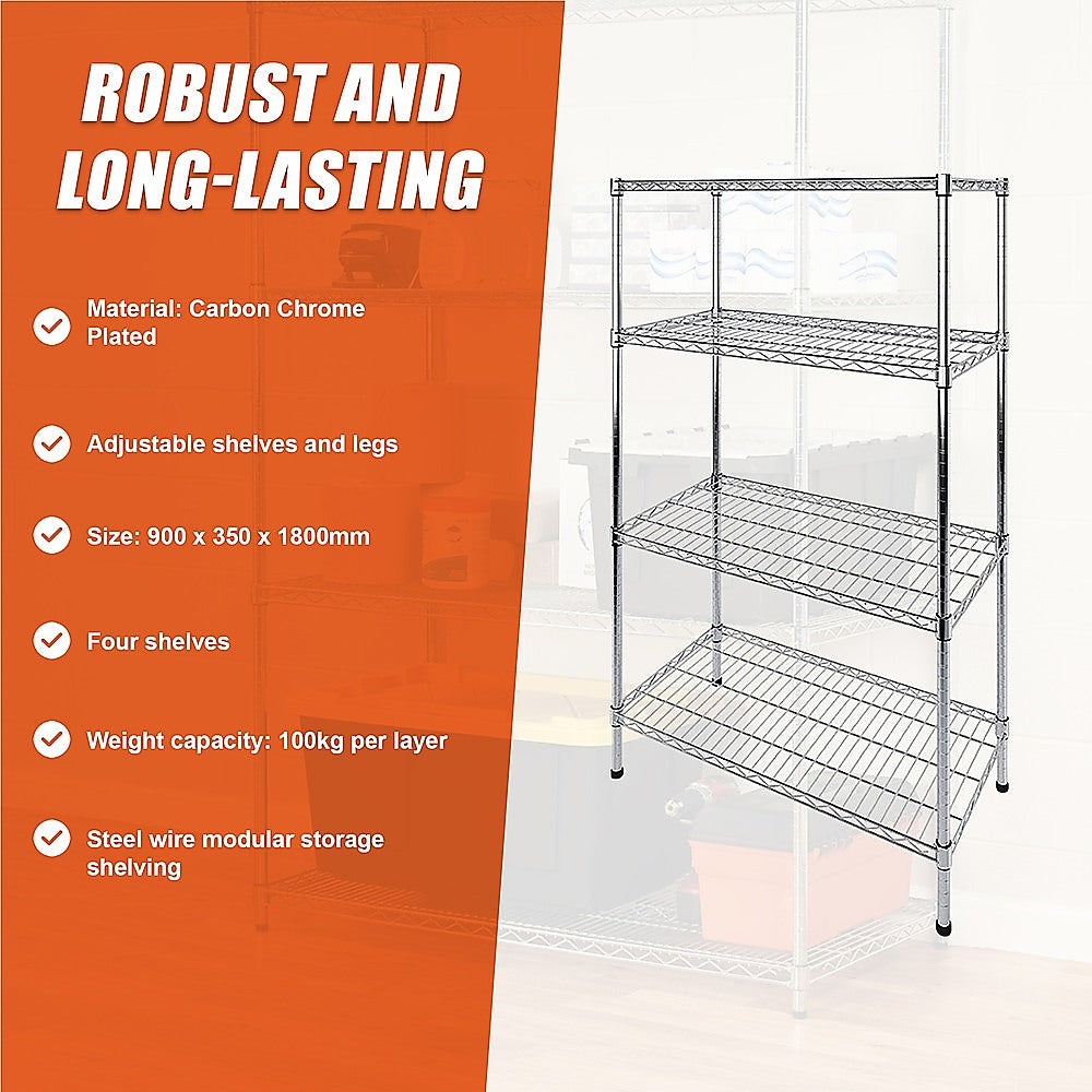 Adjustable Carbon Chrome Steel Wire Shelving, 4 Tiers