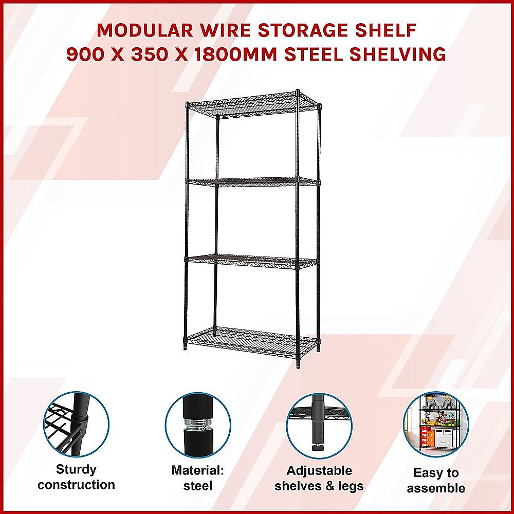 Adjustable Steel Wire Storage Shelf, 900x350x1800mm, 4 Shelves