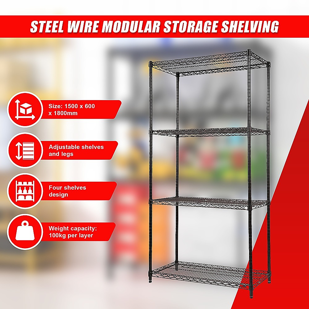 Adjustable Steel Wire Storage Shelf, 900x350x1800mm, 4 Shelves