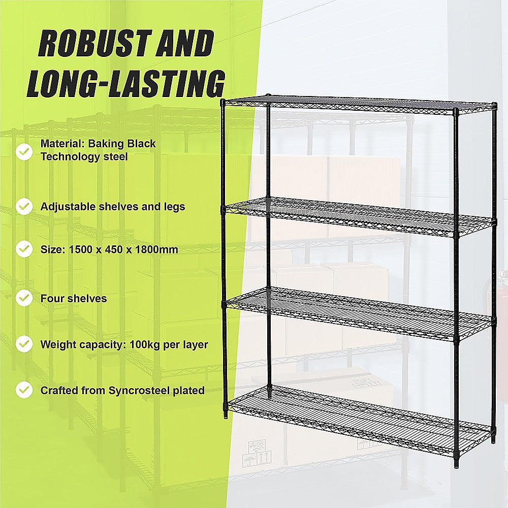 Adjustable Wire Storage Shelf, Four-Layer, 1500 x 450 x 1800mm, Steel Shelving