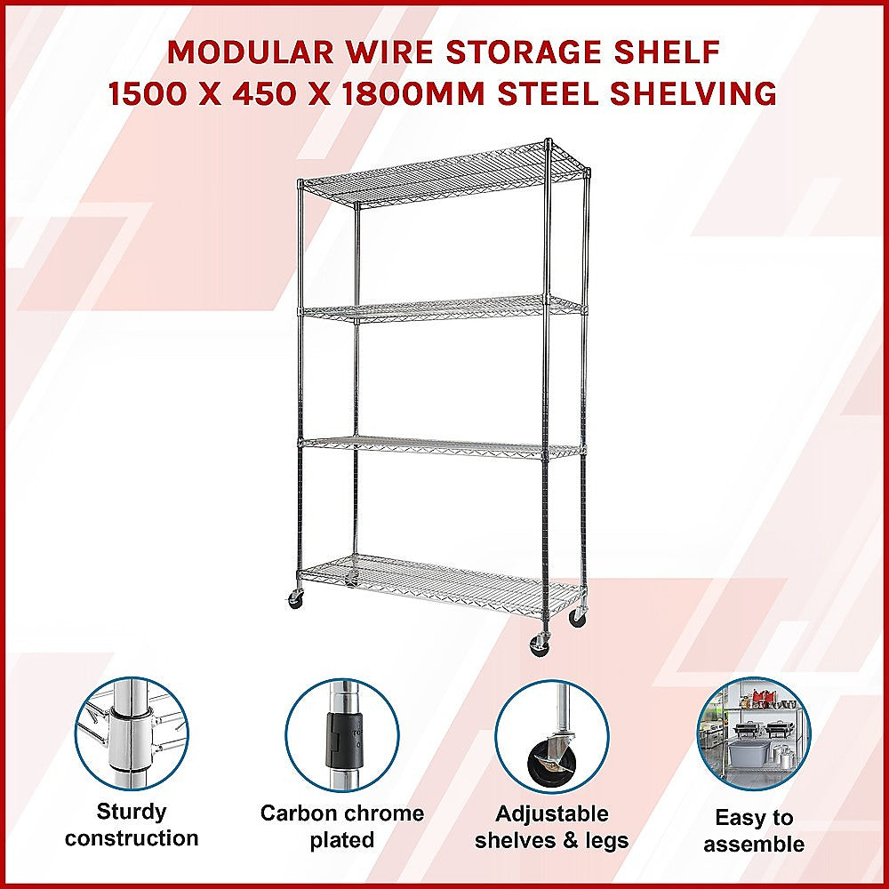 Adjustable 4-Shelf Wire Storage Unit with Wheels, 1500x450x1920mm, Syncrosteel