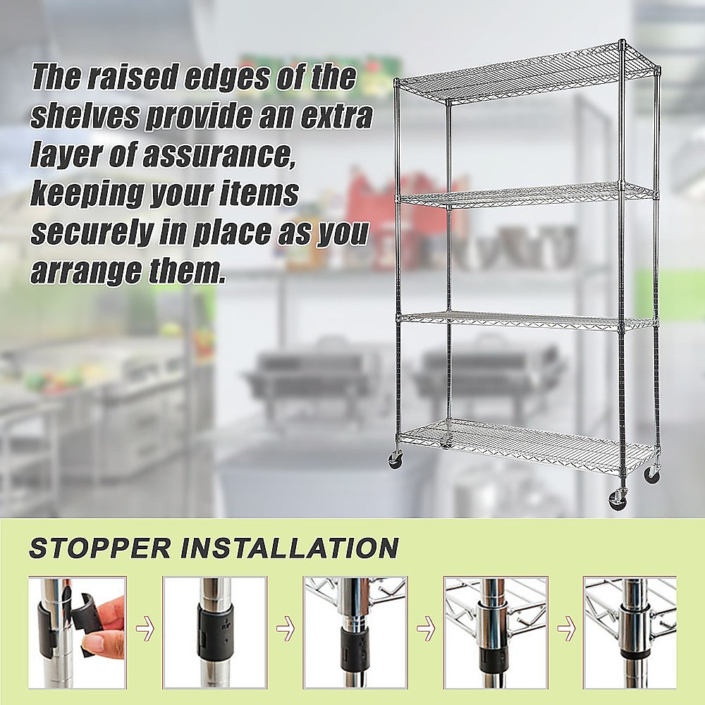 Adjustable 4-Shelf Wire Storage Unit with Wheels, 1500x450x1920mm, Syncrosteel