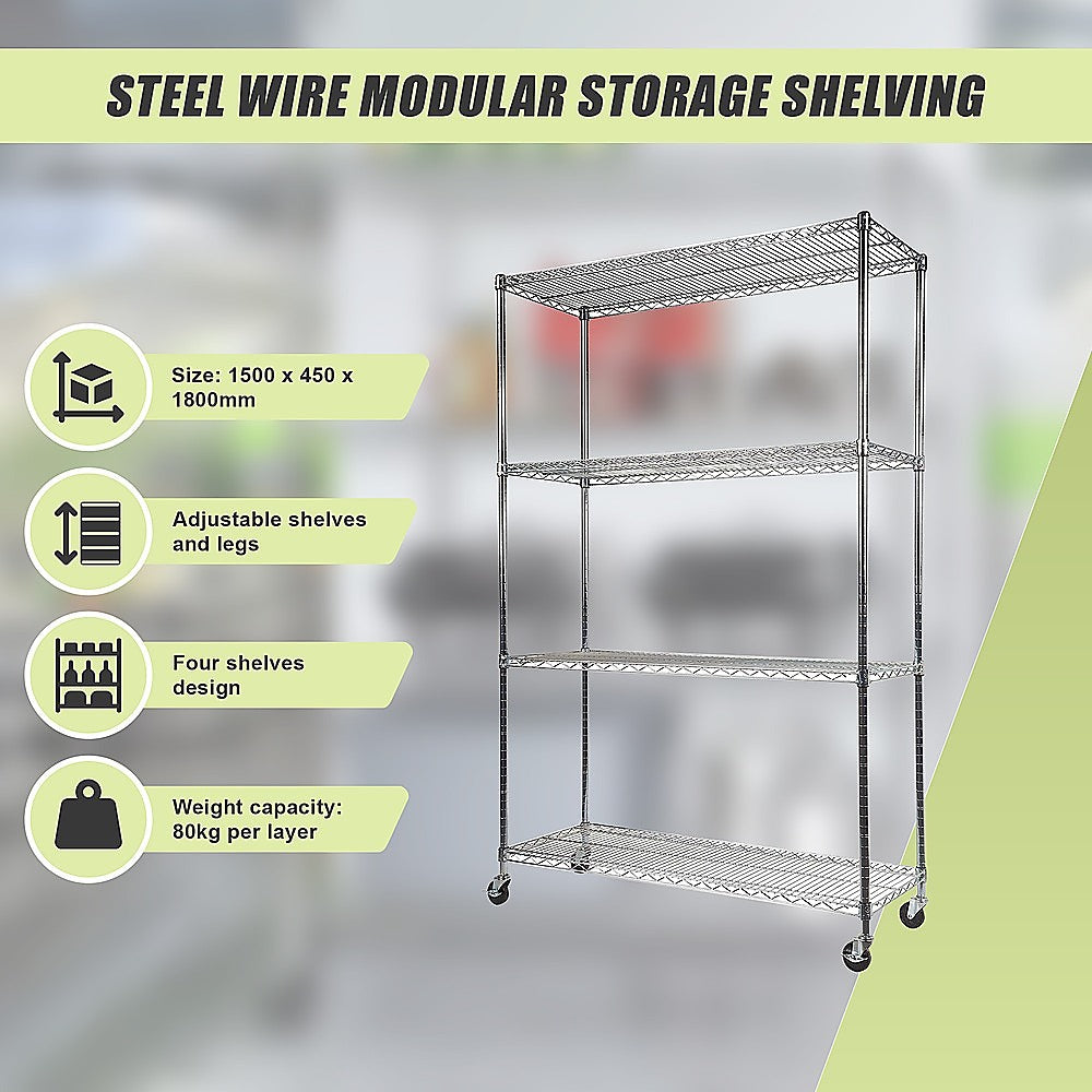 Adjustable 4-Shelf Wire Storage Unit with Wheels, 1500x450x1920mm, Syncrosteel