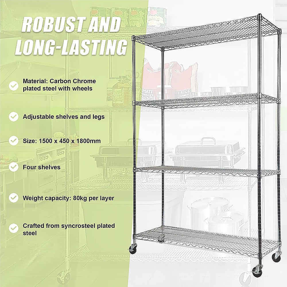 Adjustable 4-Shelf Wire Storage Unit with Wheels, 1500x450x1920mm, Syncrosteel