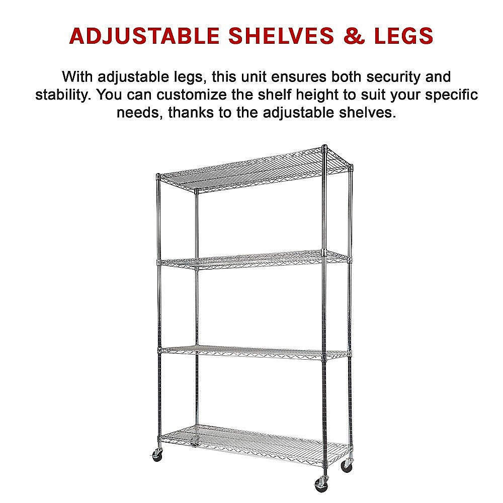 Adjustable 4-Shelf Wire Storage Unit with Wheels, 1500x450x1920mm, Syncrosteel