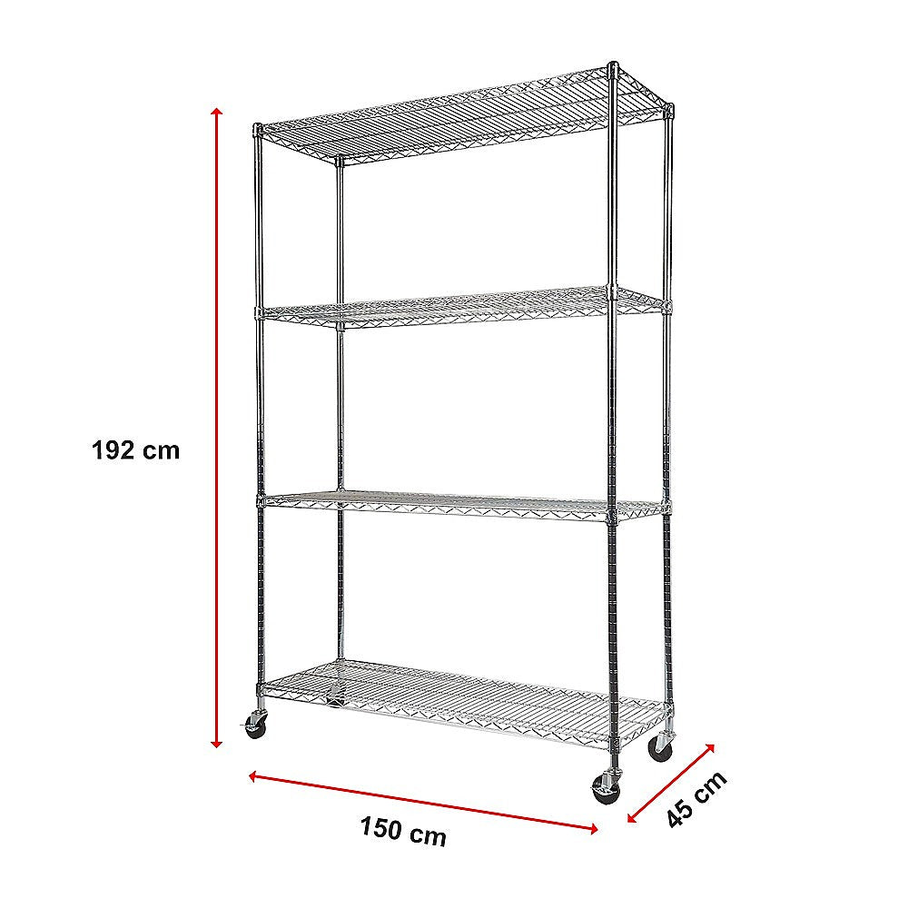 Adjustable 4-Shelf Wire Storage Unit with Wheels, 1500x450x1920mm, Syncrosteel