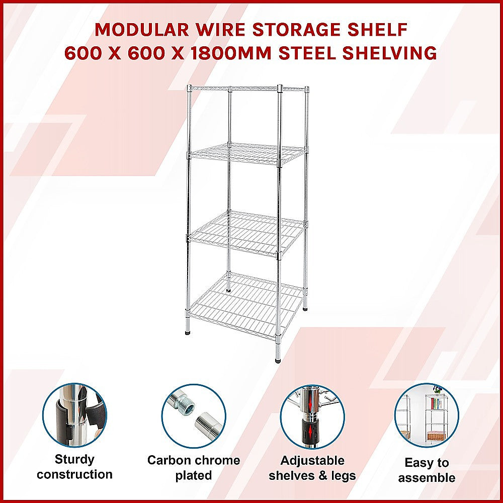 Adjustable Steel Wire Storage Shelf, 600x600x1800mm, 4 Shelves