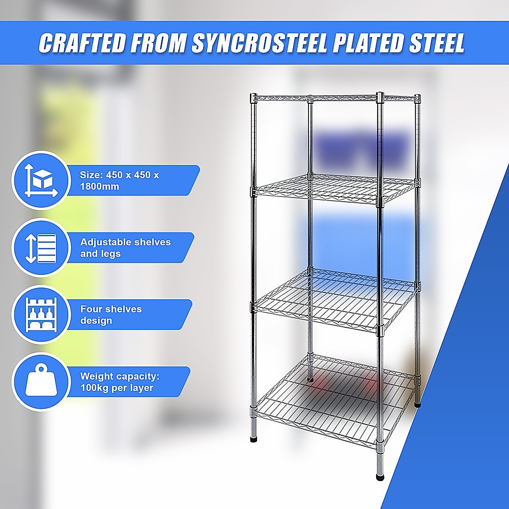 Adjustable Carbon Chrome Wire Storage Shelf, 4-Tier, 450x450x1800mm