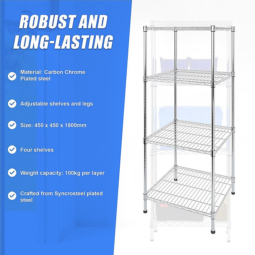 Adjustable Carbon Chrome Wire Storage Shelf, 4-Tier, 450x450x1800mm