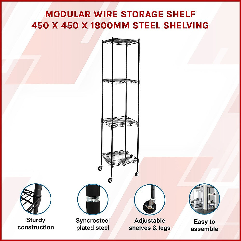 Adjustable Four-Shelf Wire Storage Unit, Steel, 450x450x1800mm