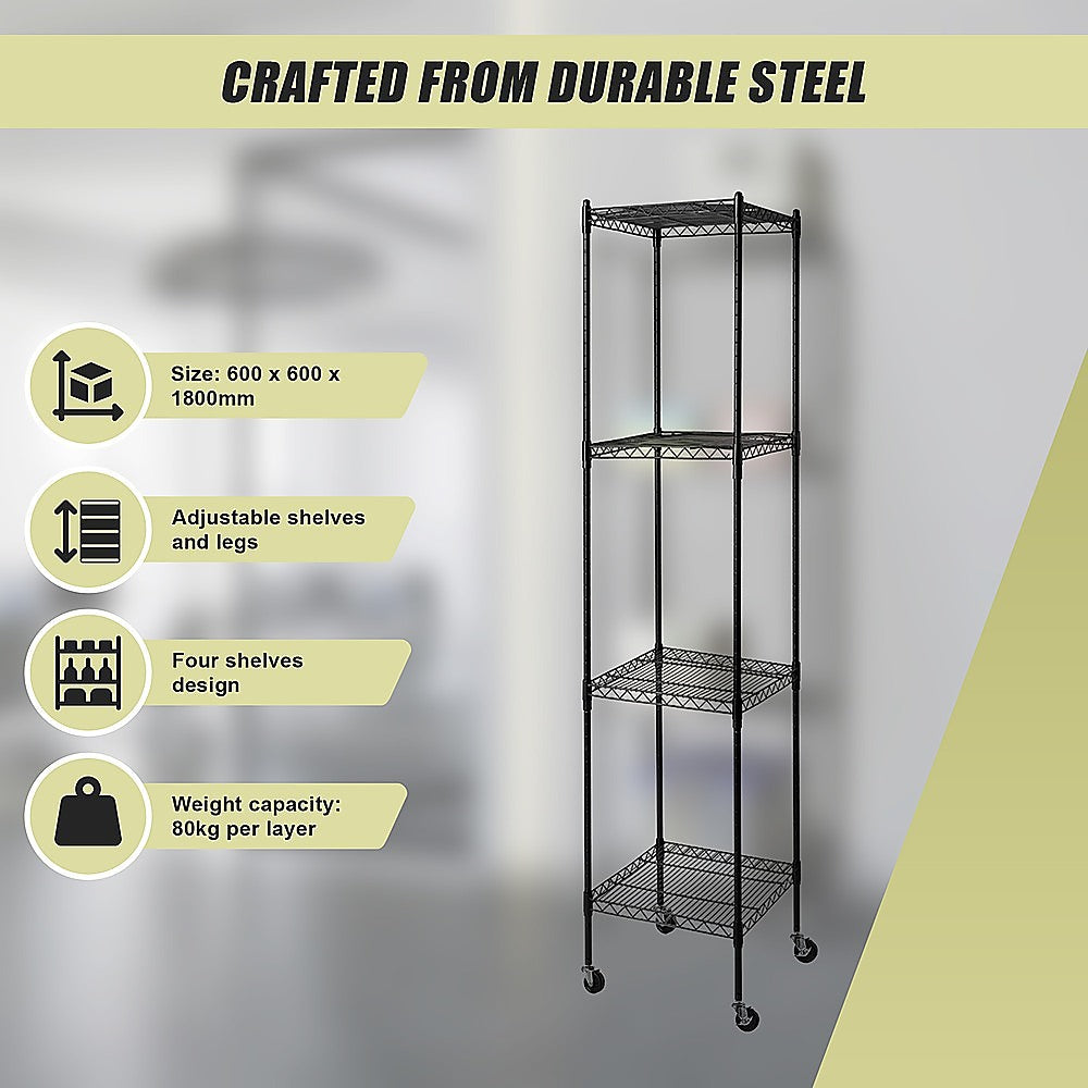 Adjustable Four-Shelf Wire Storage Unit, Steel, 450x450x1800mm