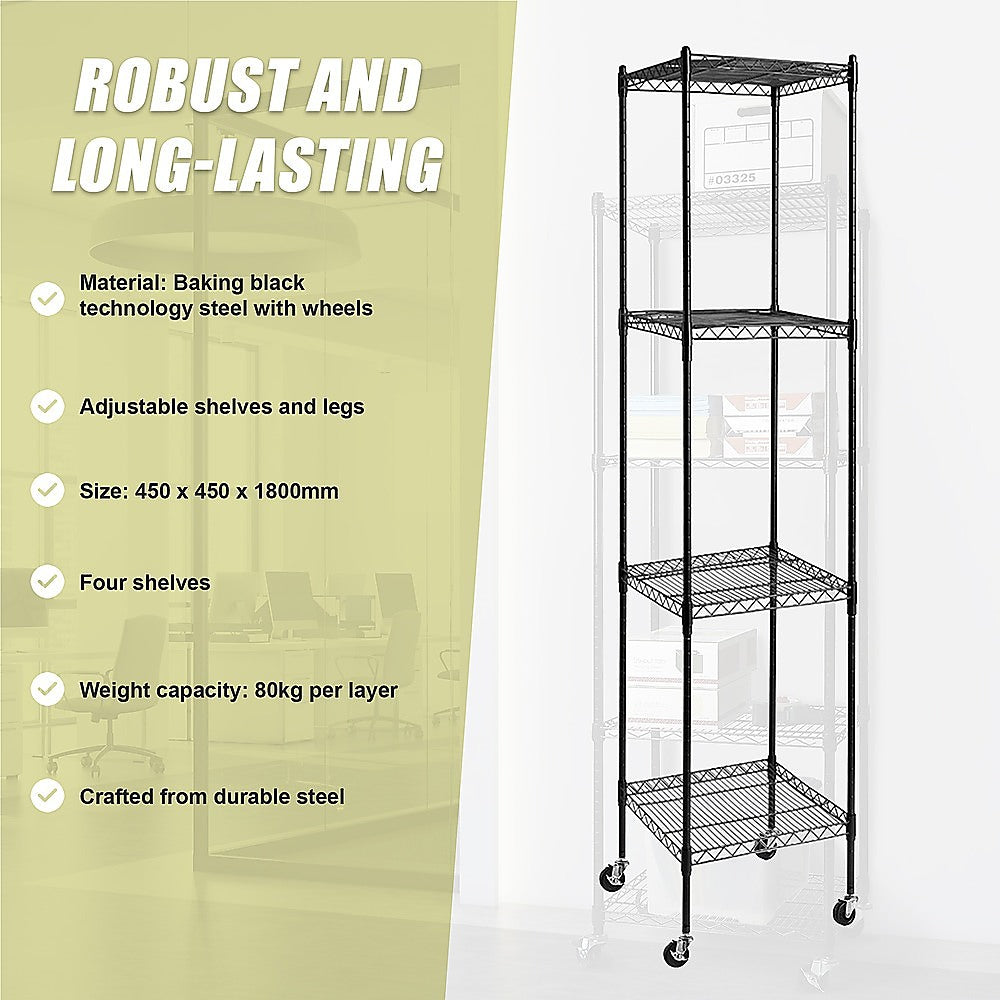 Adjustable Four-Shelf Wire Storage Unit, Steel, 450x450x1800mm