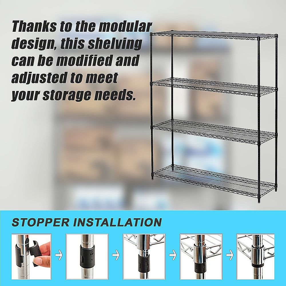 Adjustable Modular Wire Storage Shelf, Black Steel, 1200x600x1800