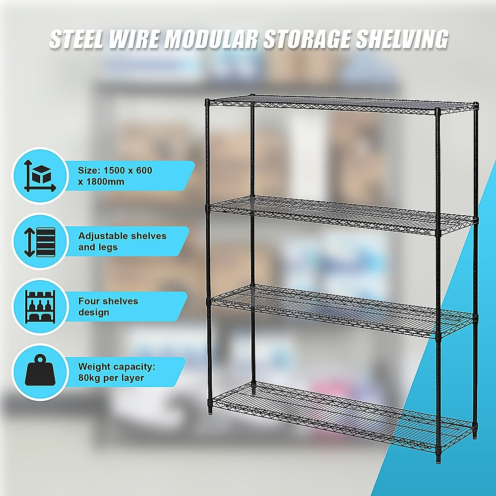 Adjustable Modular Wire Storage Shelf, Black Steel, 1200x600x1800