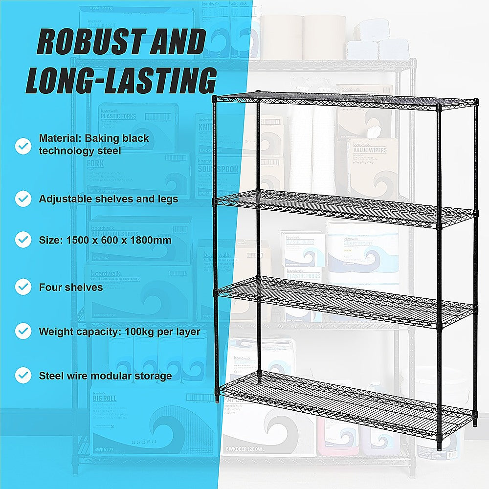 Adjustable Modular Wire Storage Shelf, Black Steel, 1200x600x1800