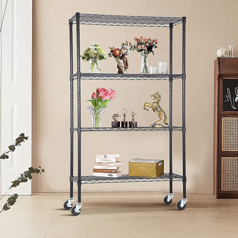 Adjustable Steel Wire Modular Shelf, 4-Tier, Wheels, 1200 x 600 x 1800mm