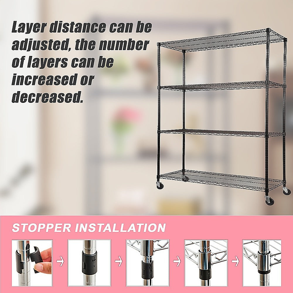 Adjustable Steel Wire Modular Shelf, 4-Tier, Wheels, 1200 x 600 x 1800mm