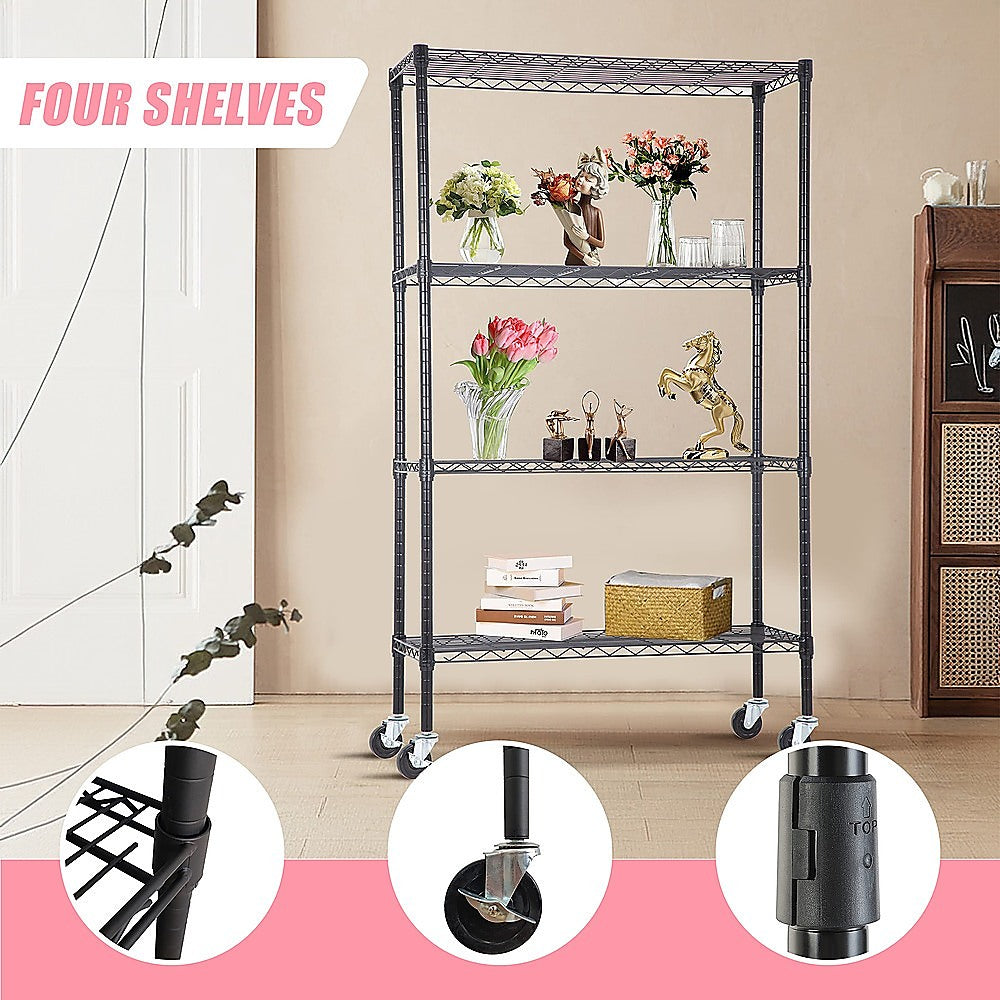 Adjustable Steel Wire Modular Shelf, 4-Tier, Wheels, 1200 x 600 x 1800mm