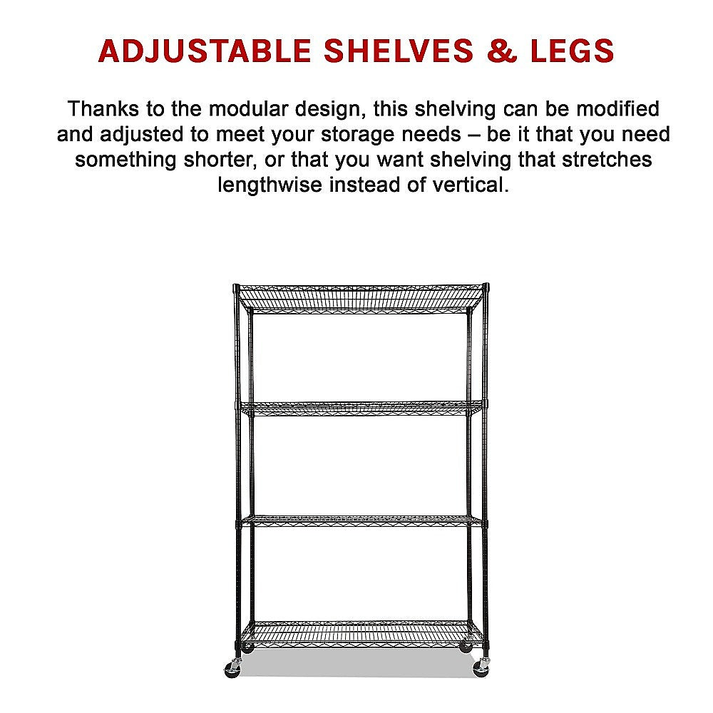 Adjustable Steel Wire Modular Shelf, 4-Tier, Wheels, 1200 x 600 x 1800mm