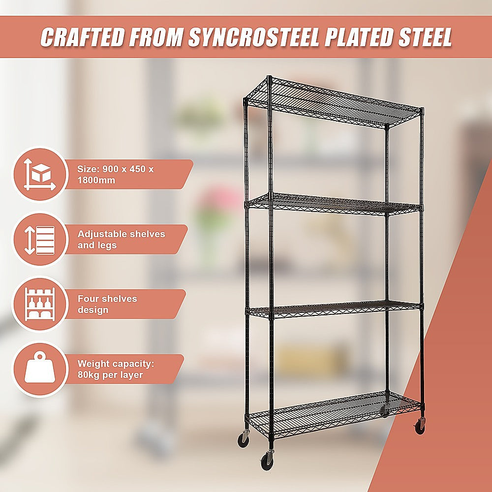 Adjustable Steel Wire Storage Shelf 900x450x1800mm, 4-Tier