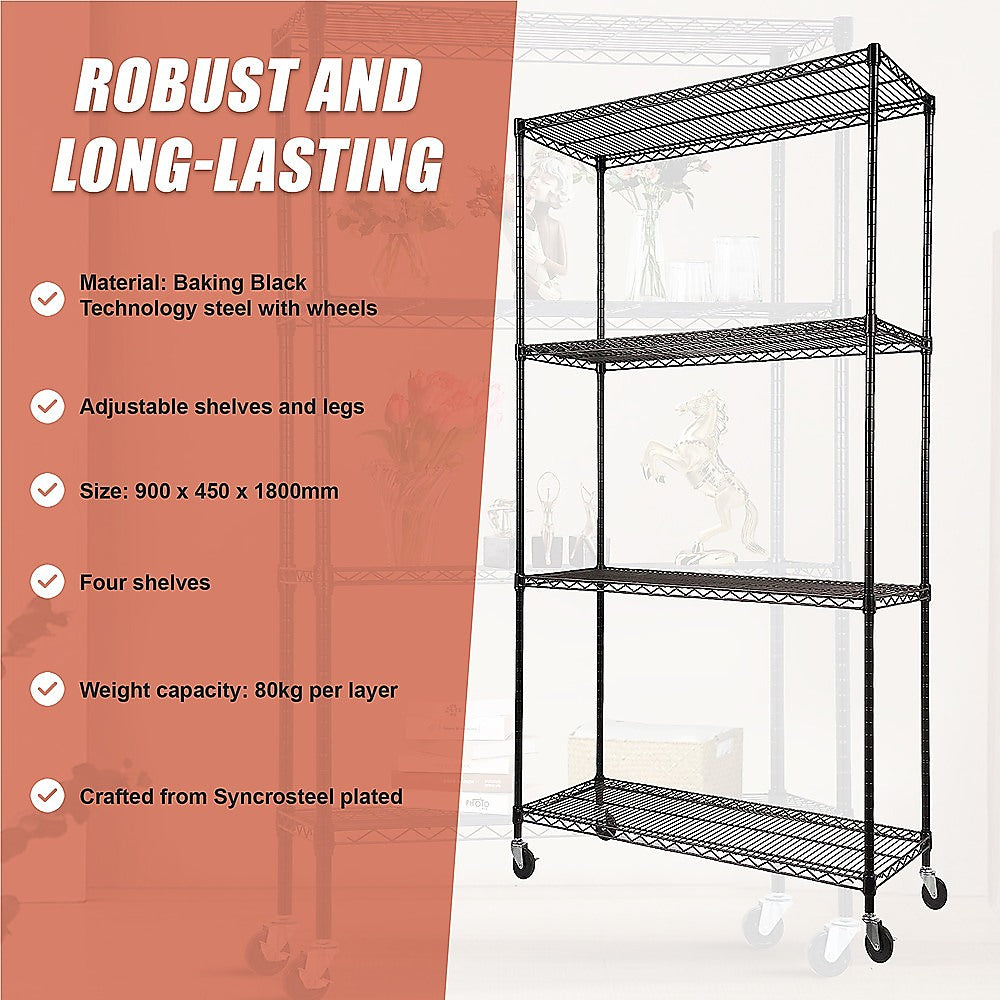 Adjustable Steel Wire Storage Shelf 900x450x1800mm, 4-Tier