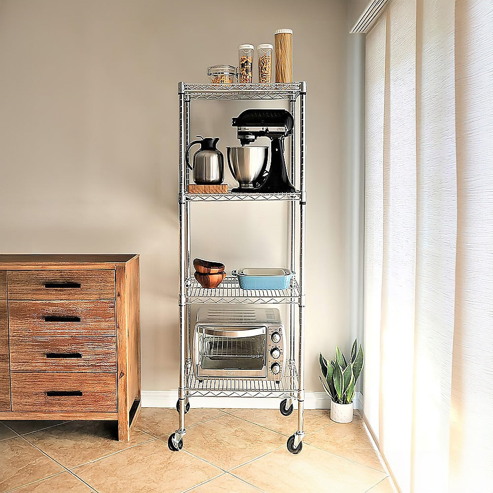 Adjustable Carbon Chrome Steel Wire Storage Shelf, 4-Tier