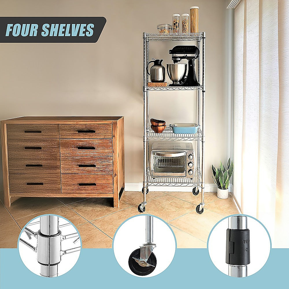 Adjustable Carbon Chrome Steel Wire Storage Shelf, 4-Tier