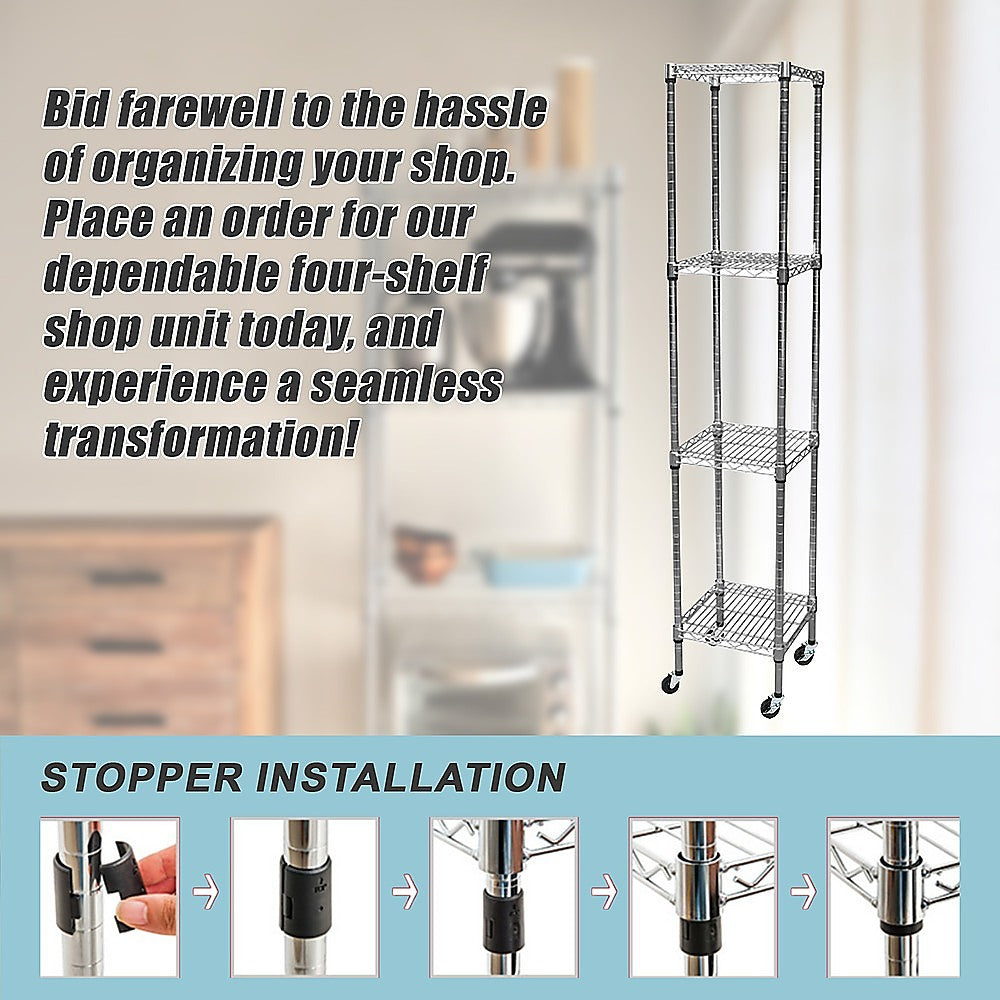 Adjustable Carbon Chrome Steel Wire Storage Shelf, 4-Tier