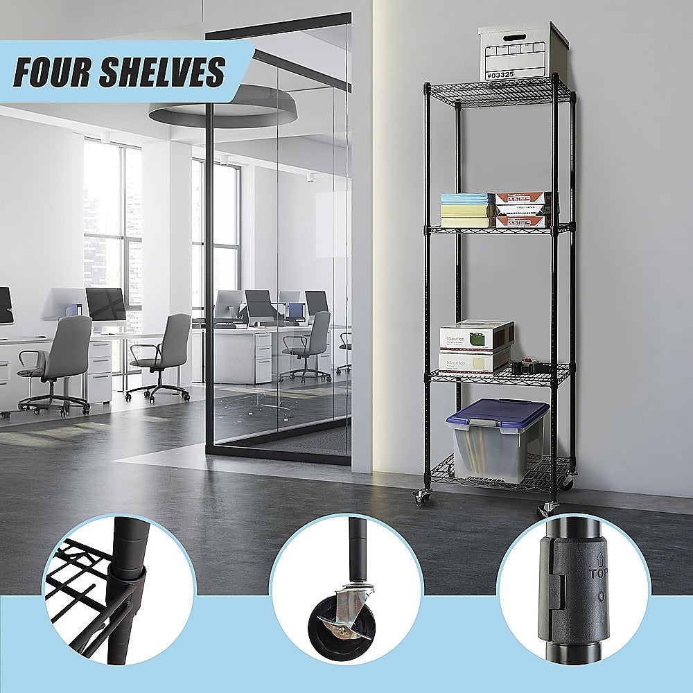 Adjustable Steel Wire Storage Shelf with Wheels - 4 Shelves