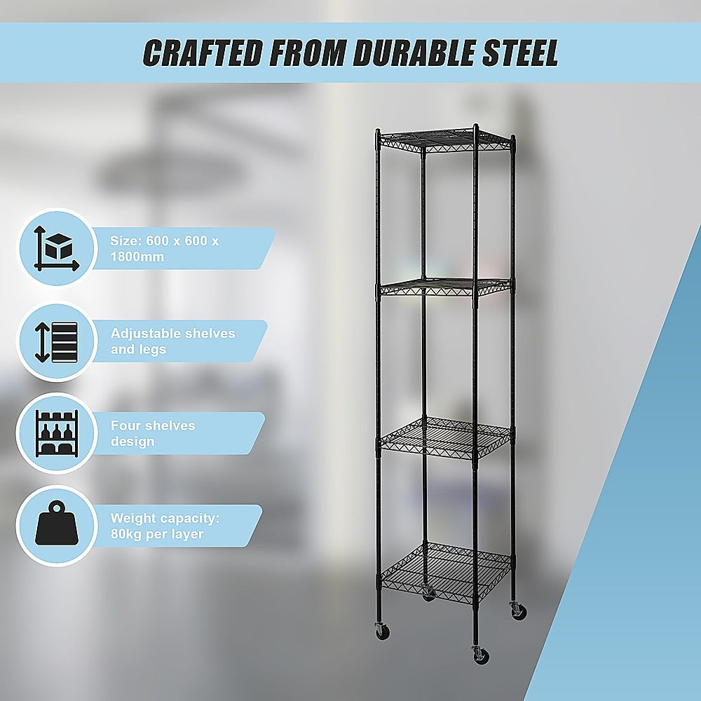 Adjustable Steel Wire Storage Shelf with Wheels - 4 Shelves