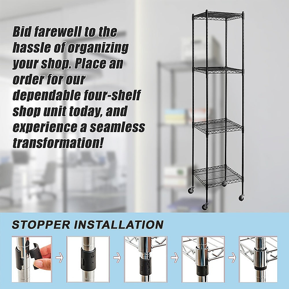 Adjustable Steel Wire Storage Shelf with Wheels - 4 Shelves