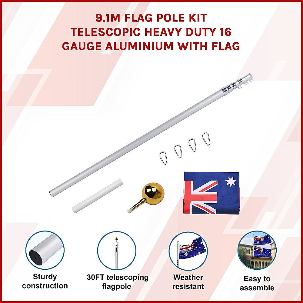 Heavy-Duty Telescopic 9.1m Flag Pole Kit, 16 Gauge Aluminum