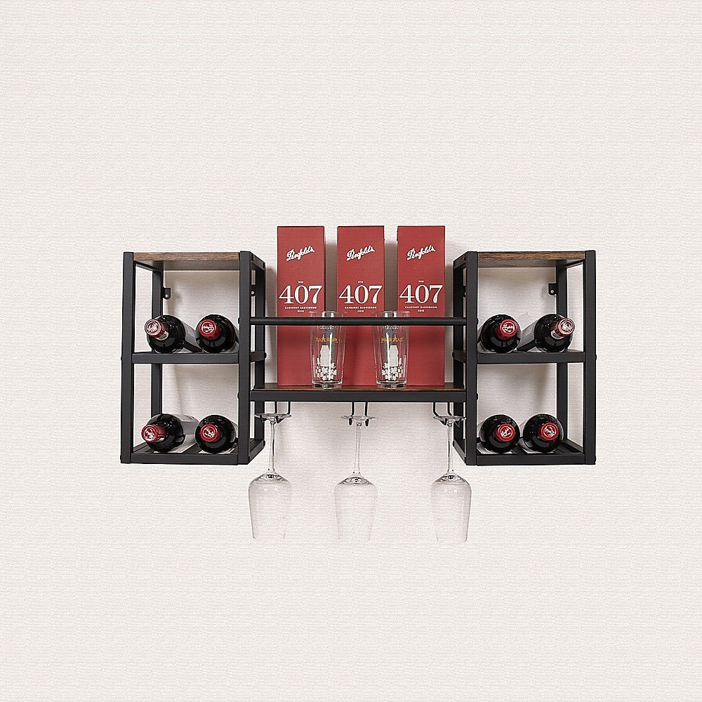 Industrial Wall-Mounted Wine Rack, 16 Bottles, Glass Holder