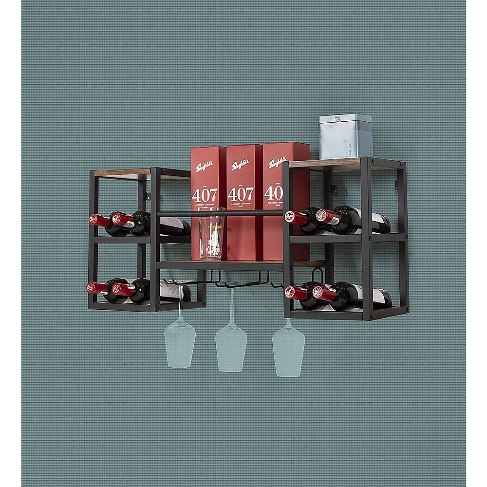 Industrial Wall-Mounted Wine Rack, 16 Bottles, Glass Holder