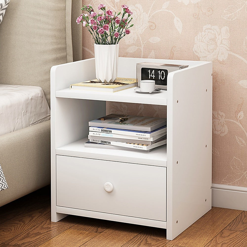 White Bedside Table w/ Shelves & Drawer 36x30x45cm