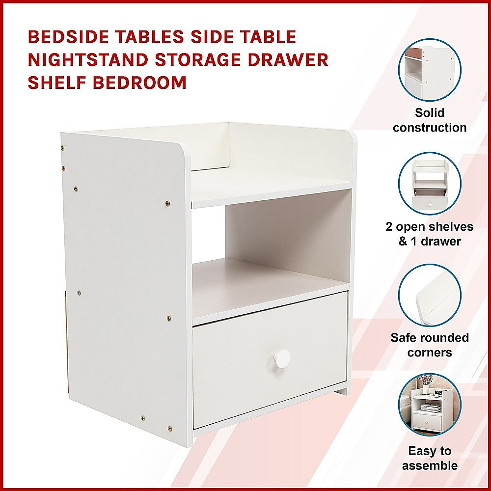 White Bedside Table w/ Shelves & Drawer 36x30x45cm