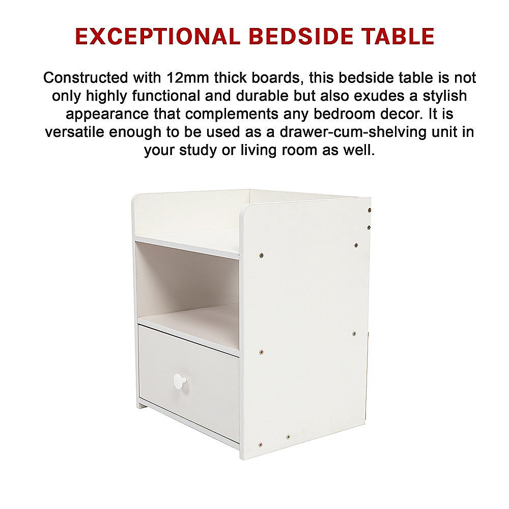 White Bedside Table w/ Shelves & Drawer 36x30x45cm