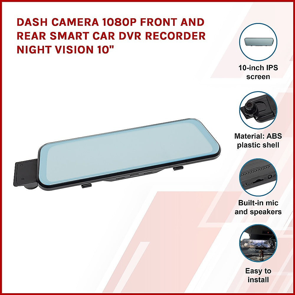 Dual Lens 1080P Dash Camera, Night Vision, 10" IPS Screen