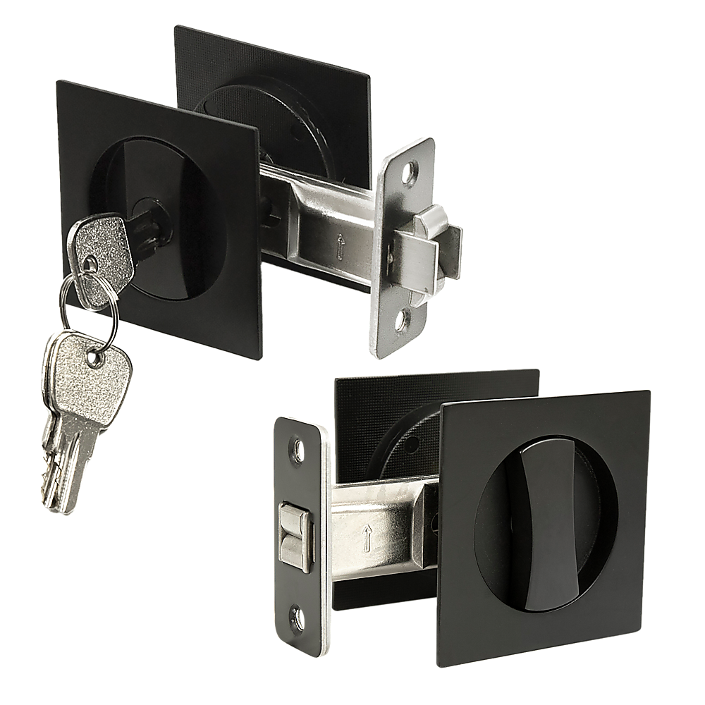 Black Square Pocket Door Lock Set, Zinc Alloy & Brass