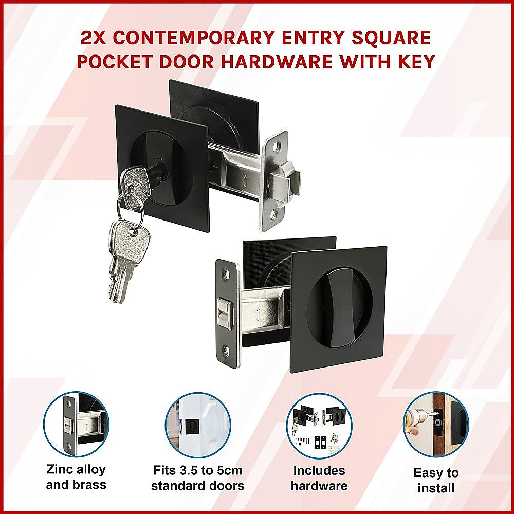 Black Square Pocket Door Lock Set, Zinc Alloy & Brass