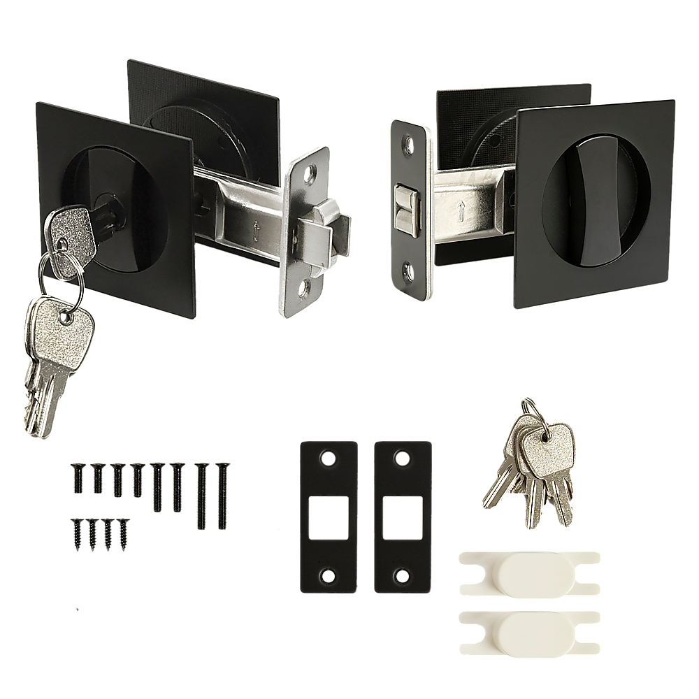 Black Square Pocket Door Lock Set, Zinc Alloy & Brass