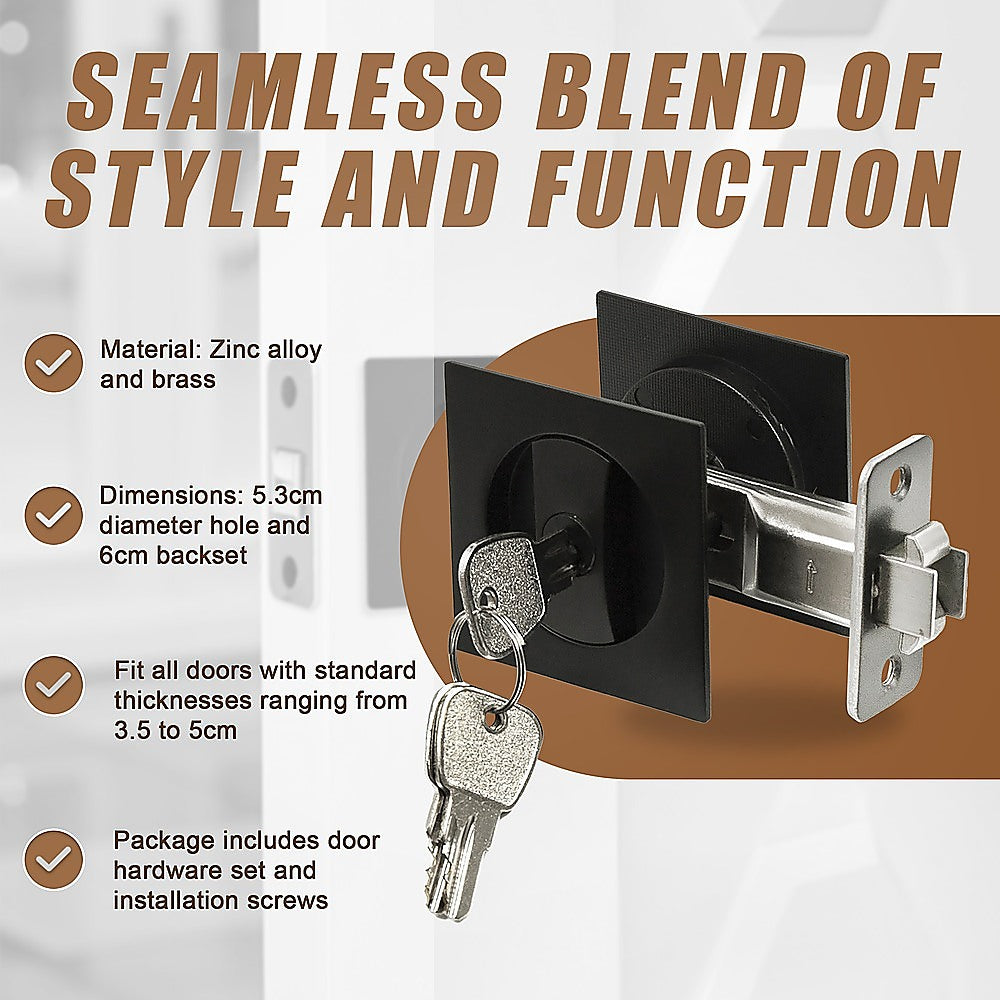 Black Square Pocket Door Lock Set, Zinc Alloy & Brass