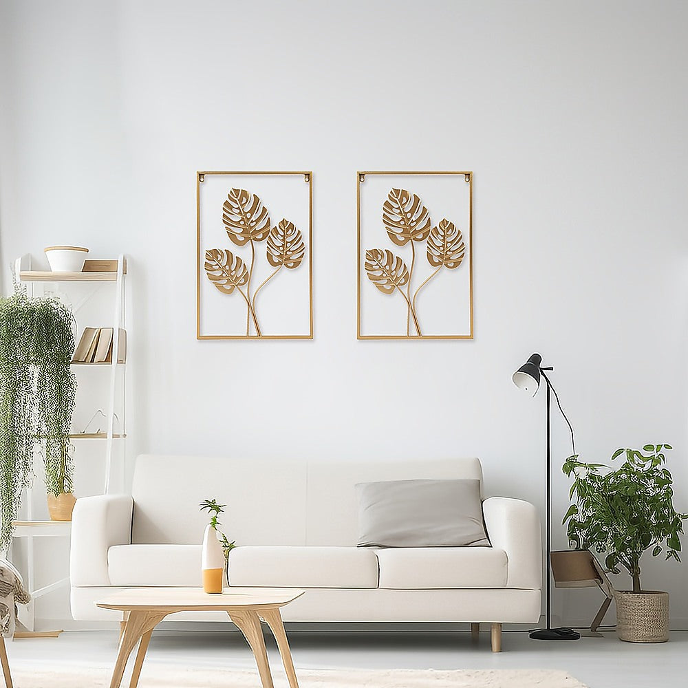 Golden Metal Wall Art with Leaf Design, 40x60cm