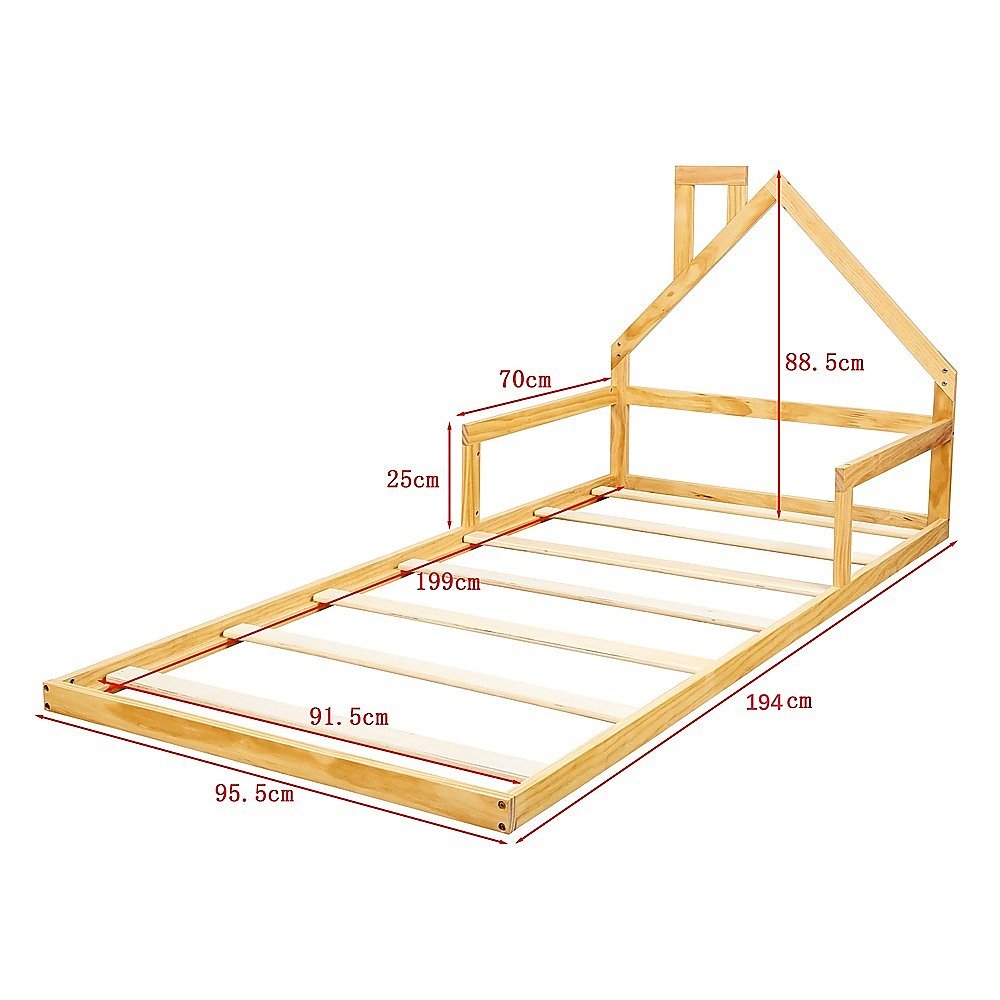 Pine Wood Single Floor Bed House Frame for Kids