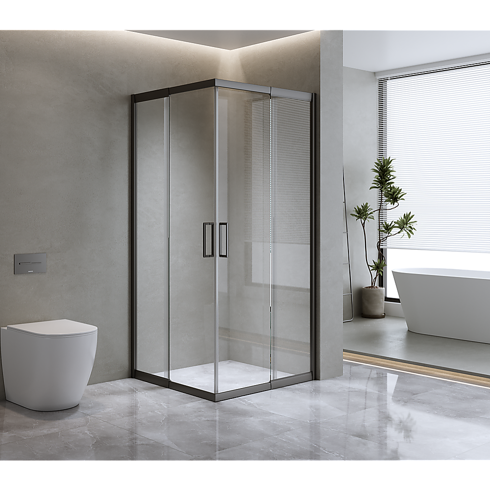 Black Double Sliding Glass Shower Screen 1100x1100mm, 16-Wheel System