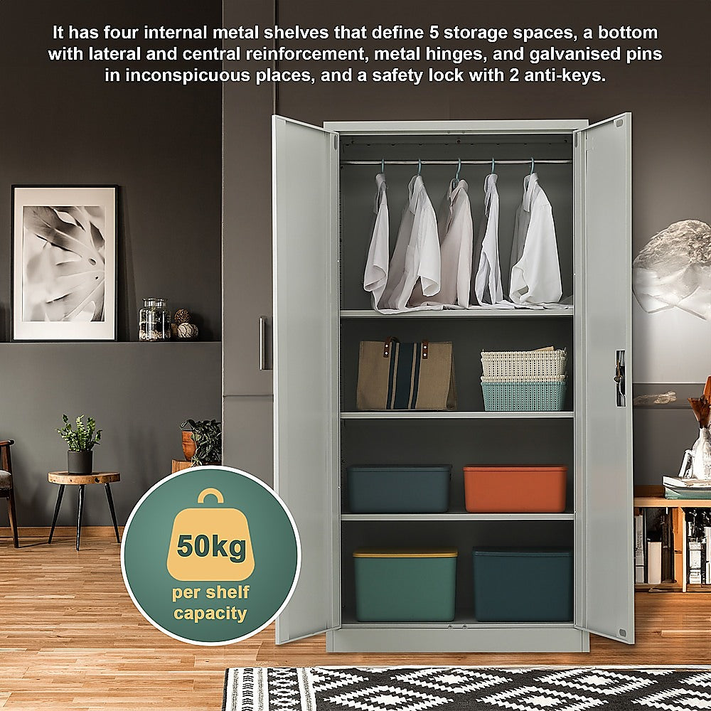 Grey Two-Door Metal Cabinet Storage with Shelves, 90x45x181cm