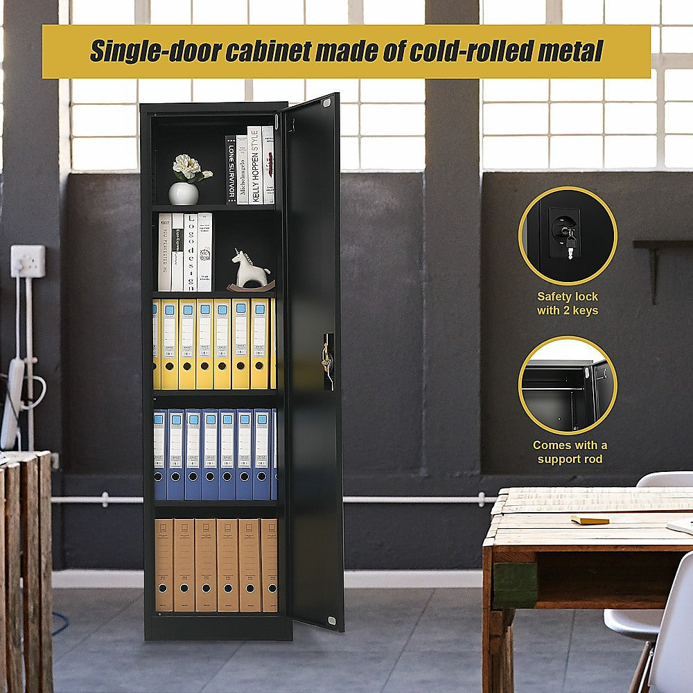 Black Metal Single-Door Tall Cabinet with 4 Shelves, 181cm