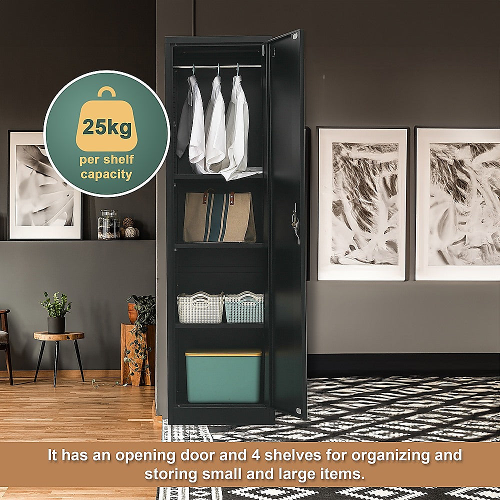 Black Metal Single-Door Tall Cabinet with 4 Shelves, 181cm