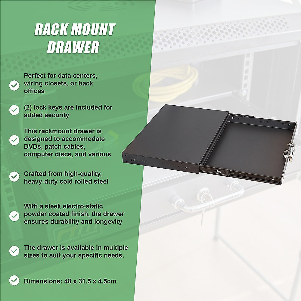 1U Locking Rack Mount Drawer Secure Steel Storage for 19" Network Server