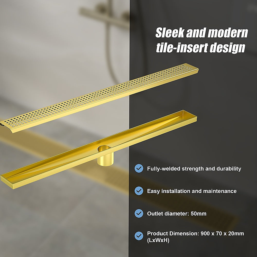 Brushed Brass 900mm Shower Grate with Center Outlet